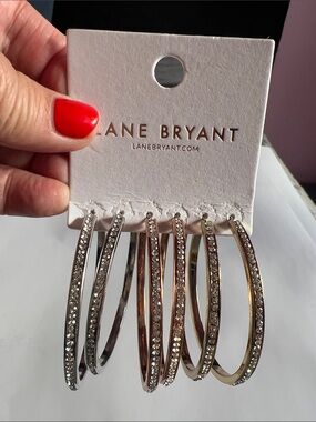 Lane Bryant Metallic Mixed-Tone Hoop Earring Set with Rhinestones 2inch Hoops
